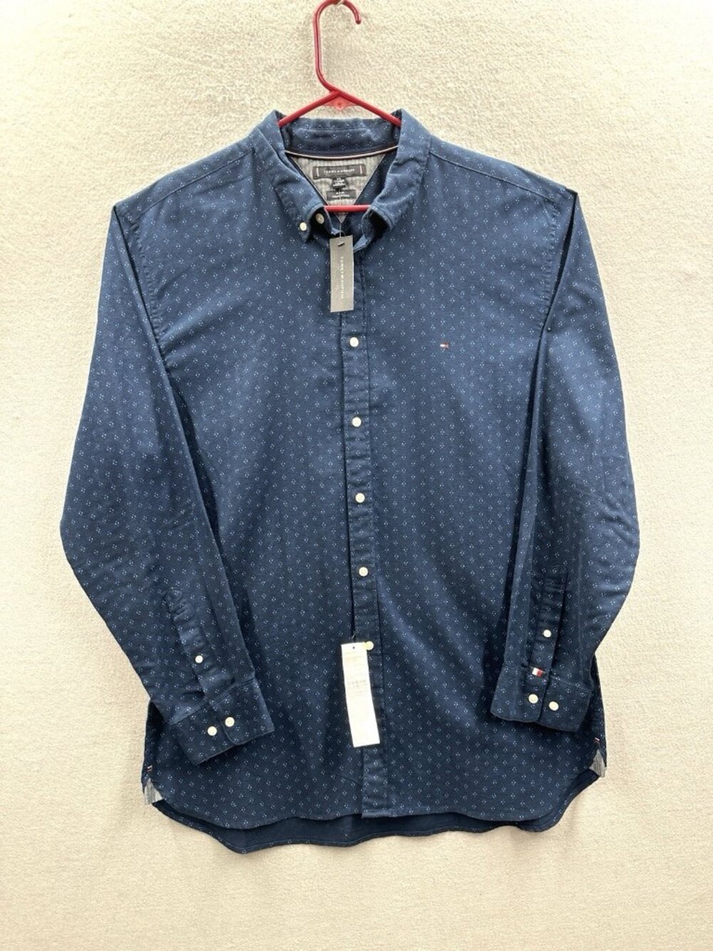 Tommy Hilfiger Shirt Mens XXL Navy Blue Fall Basics Slim Fit Micro Print NWT